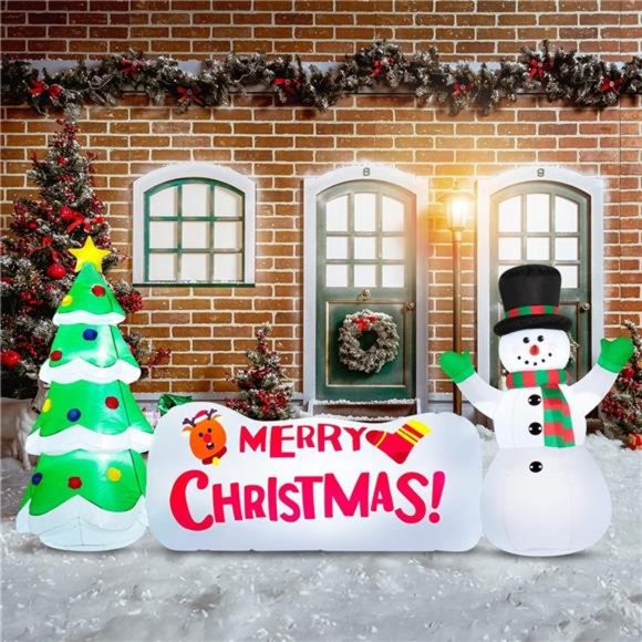 10 FT Christmas Inflatables Christmas Tree Snowman with Merry Christmas Sign - Picture 2 of 6